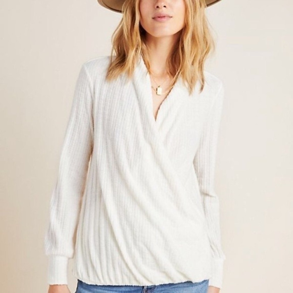 MAEVE‎ by Anthropologie Women's Sz Small Ivory Rafaela Hacci Surplice Front Top
